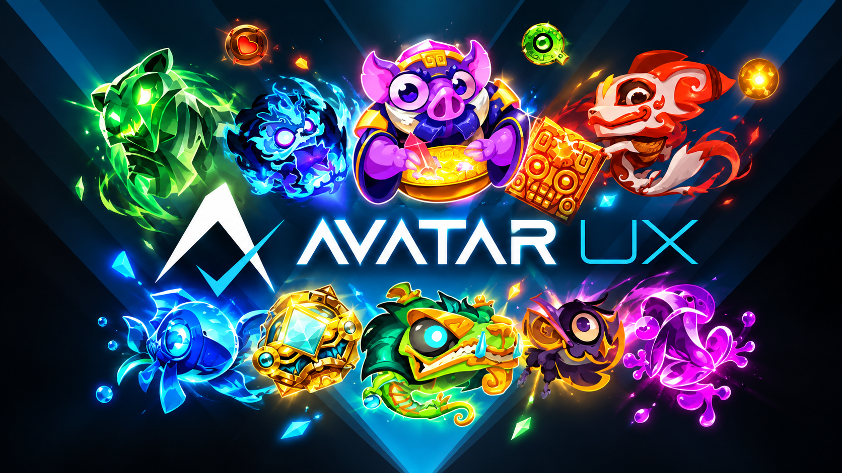 AvatarUX game provider logo surrounded by colorful glowing slot character mascots