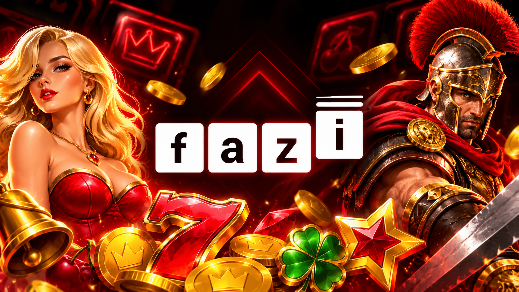 Fazi online casino hero banner featuring a gladiator, a glamorous woman and slot symbols like sevens and coins