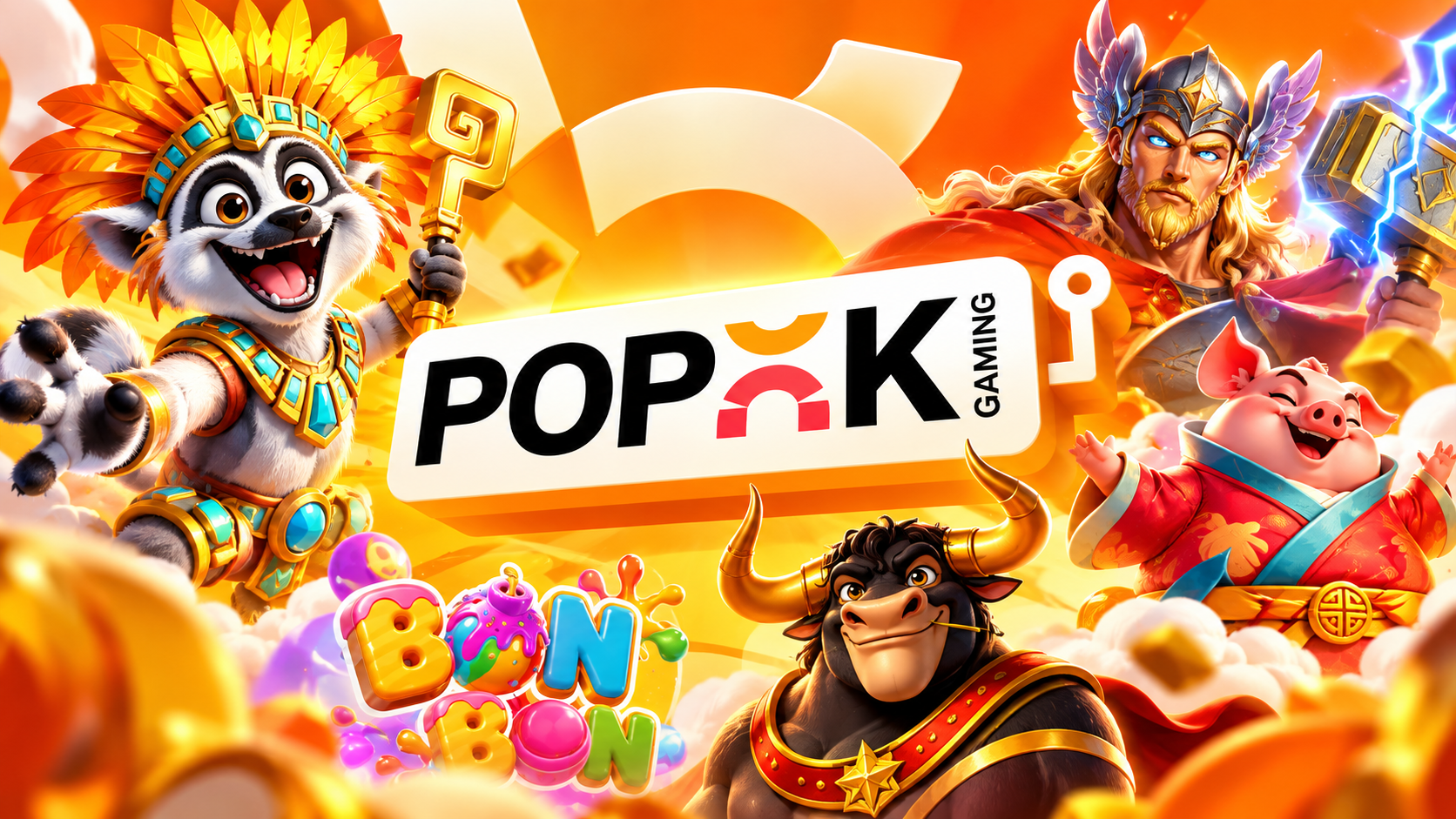 Popok Gaming logo with Bon Bon slot mascots: Aztec raccoon, Norse warrior, bull and pig
