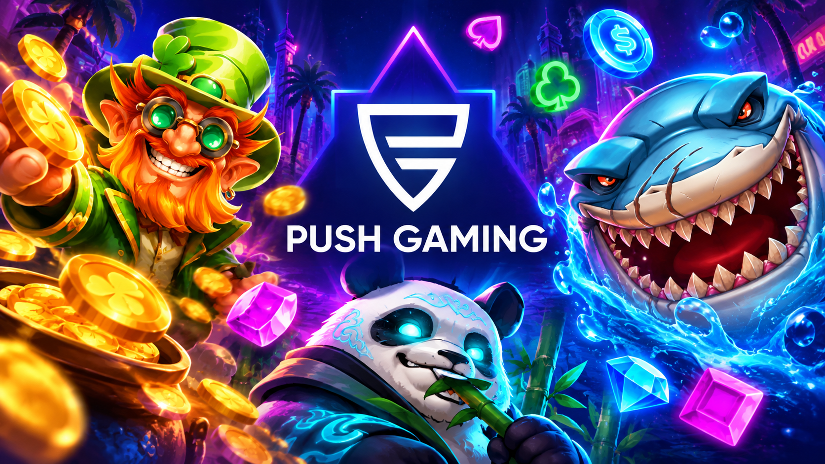 Push Gaming logo on a neon city backdrop with slot game characters: a leprechaun, panda, and shark