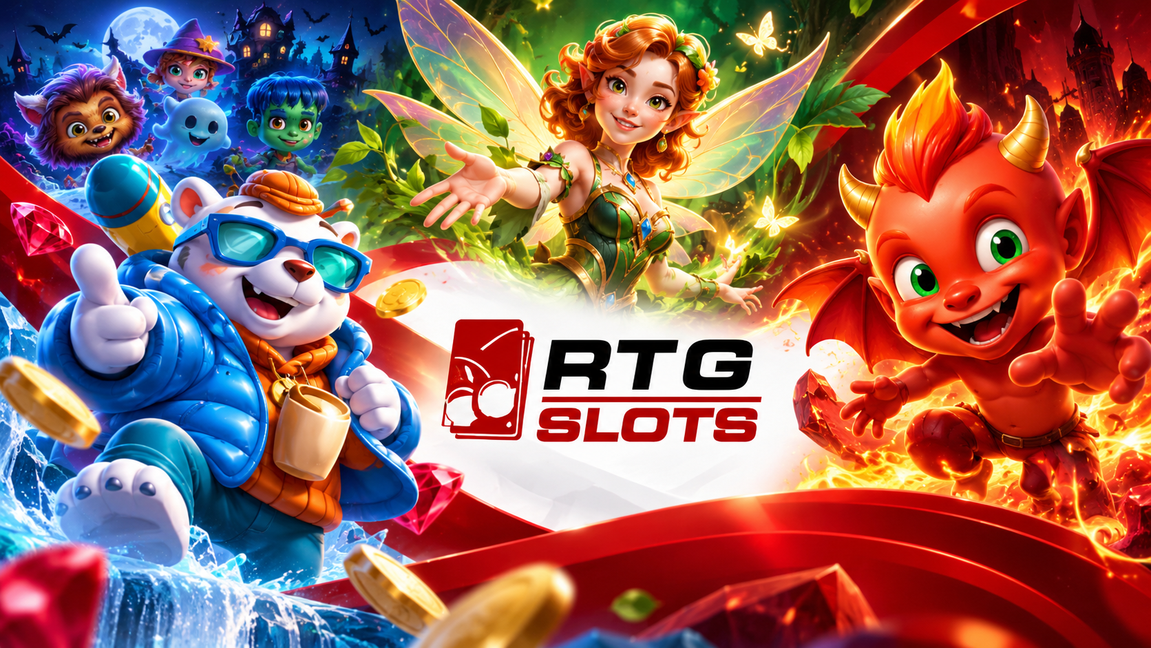 Баннер провайдера RTG Slots с игровыми персонажами — ледяным медведем, лесной феей и огненным демоном