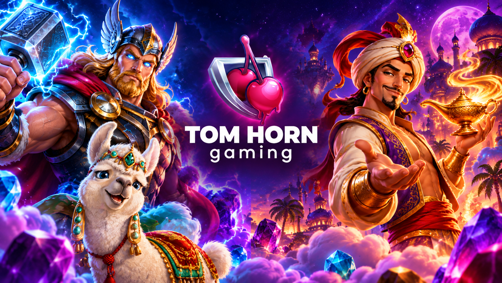 Промо-баннер Tom Horn Gaming с воином-громовержцем, ламой и джинном с волшебной лампой